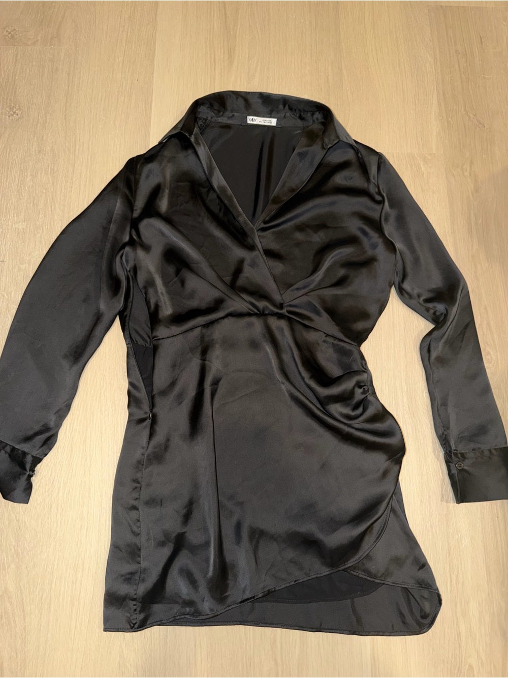 Zara Black Satin Long Sleeve Wrap Dress